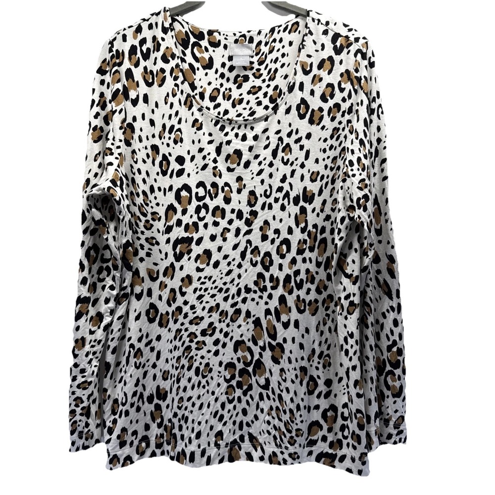 Chicos Women's Top Size Large Brown‎ White Animal Leopard Long Sleeve Pullover
